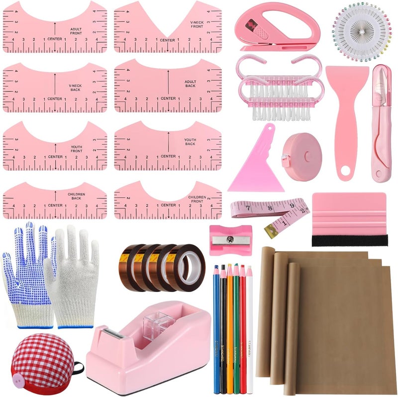 XEUZK Sublimation Shirts Tool Pink Kit With 8T Shirt rulers, 3Pack Teflon Sheet for Heat Press 12 x 16in, Heat Resistant Gloves & Silicone Bumps, 4Rolls Heat Resistant Tape& Tape Dispenser Sublimation - Image 1